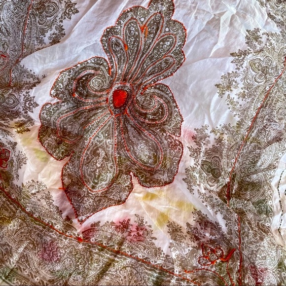 Stunning Silk Tan Orange Sete De Jaipur Mixed Media Mesh Embroidered Silk Scarf - Picture 3 of 15